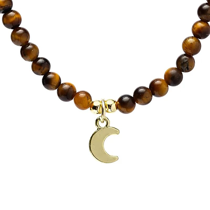 Collier Ajustable Oeil de Tigre pendentif Lune +-37cm Collier Ajustable Oeil de Tigre pendentif Lune +-37cm